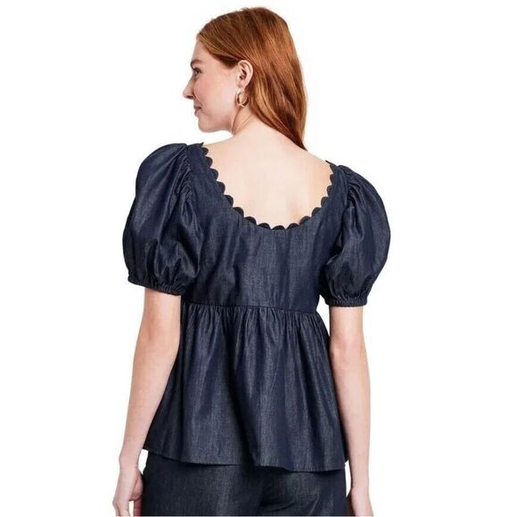 Kika Vargas x Target Puff Sleeve Peplum Top XS Navy Chambray Scalloped Neckline - Picture 9 of 10
